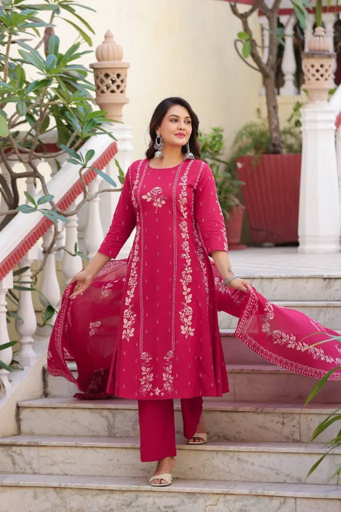Shiny Pink worked with Floral print Cotton Kurta Set