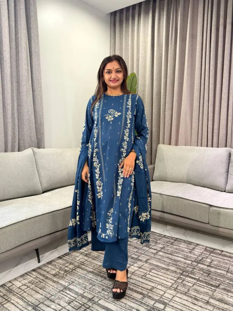 Teal Blue & Beige printed pure cotton 3-piece kurta set