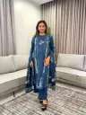 Teal Blue & Beige printed pure cotton 3-piece kurta set