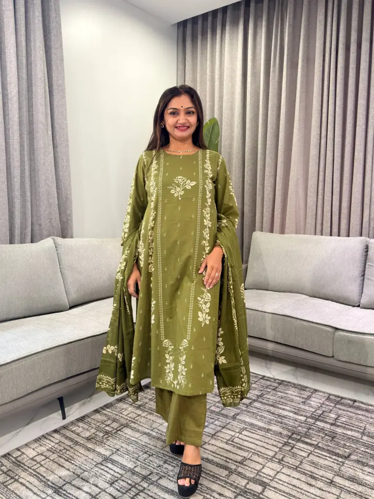 Olive Green & Beige printed pure cotton 3-piece kurta set