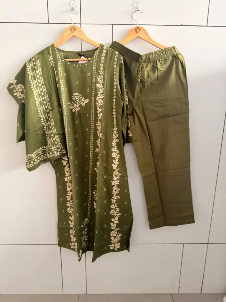 Olive Green & Beige printed pure cotton 3-piece kurta set
