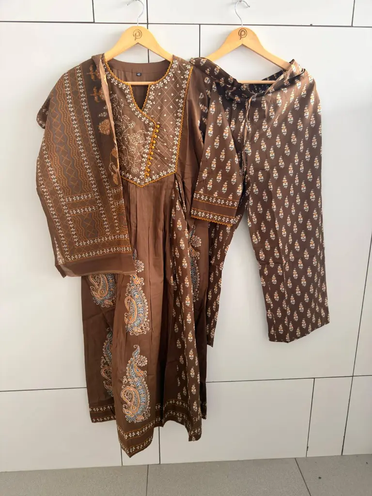Brown Printed & Embroidered Soft Cotton 3-Piece Kurta Set