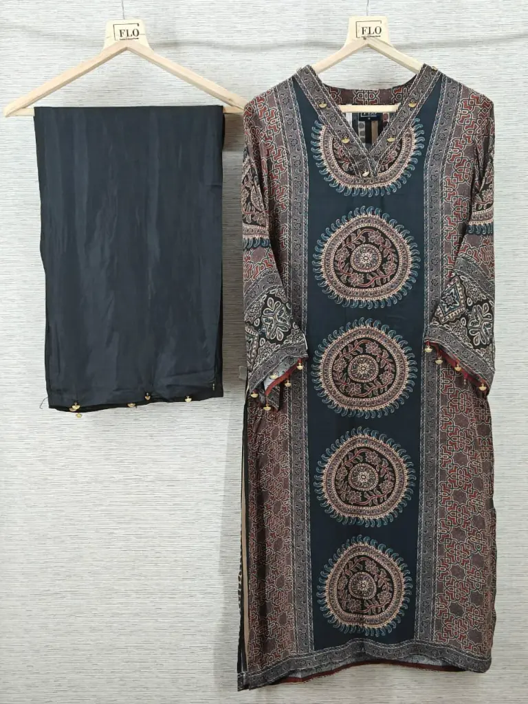 Midnight Charm Ajrakh Print Crepe Kurta Set