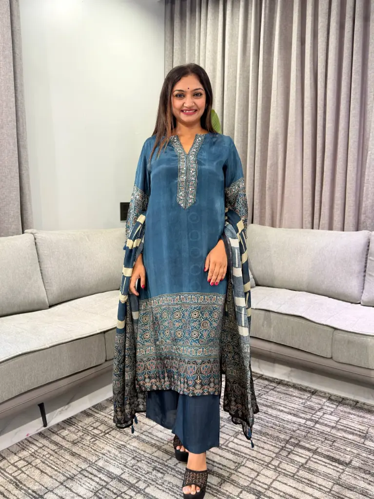 Teal Blue & Cream Crepe Printed 3-Piece Kurta Set