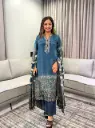 Teal Blue & Cream Crepe Printed 3-Piece Kurta Set