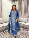 Blue & Cream Muslin Crepe Printed 3-Piece Kurta Set