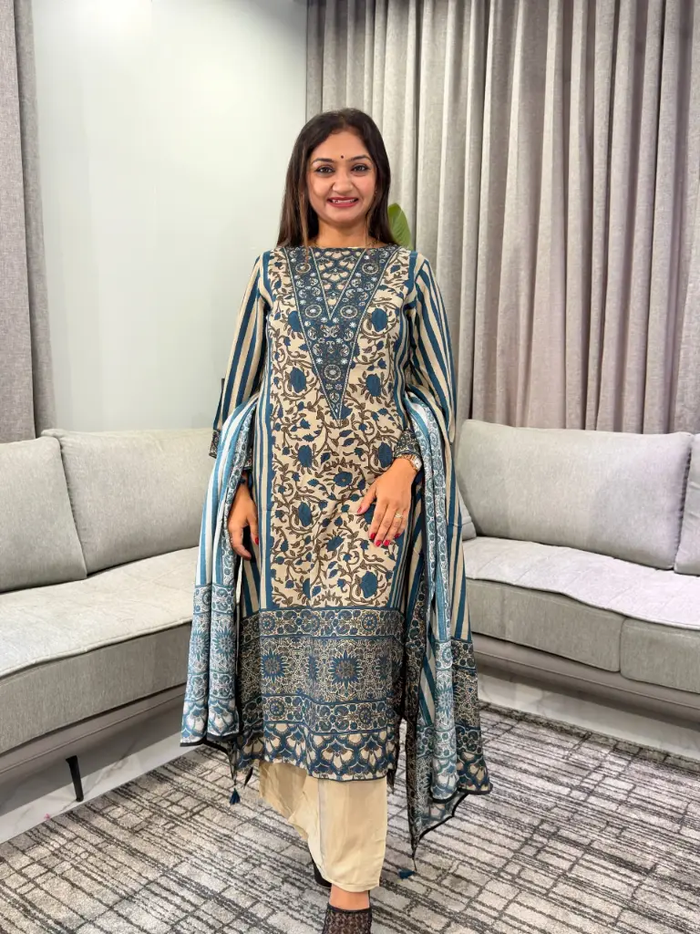 Blue & Cream Muslin Crepe Printed 3-Piece Kurta Set