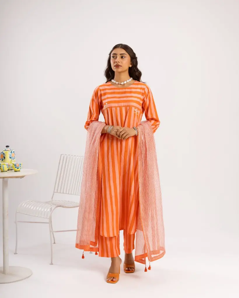 Orange & Peach Striped Pure Cotton 3-Piece Kurta Set