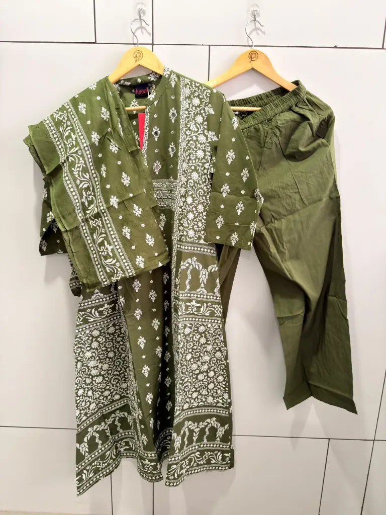 Olive Green Printed Pure Cotton 3-Piece Kurta Set