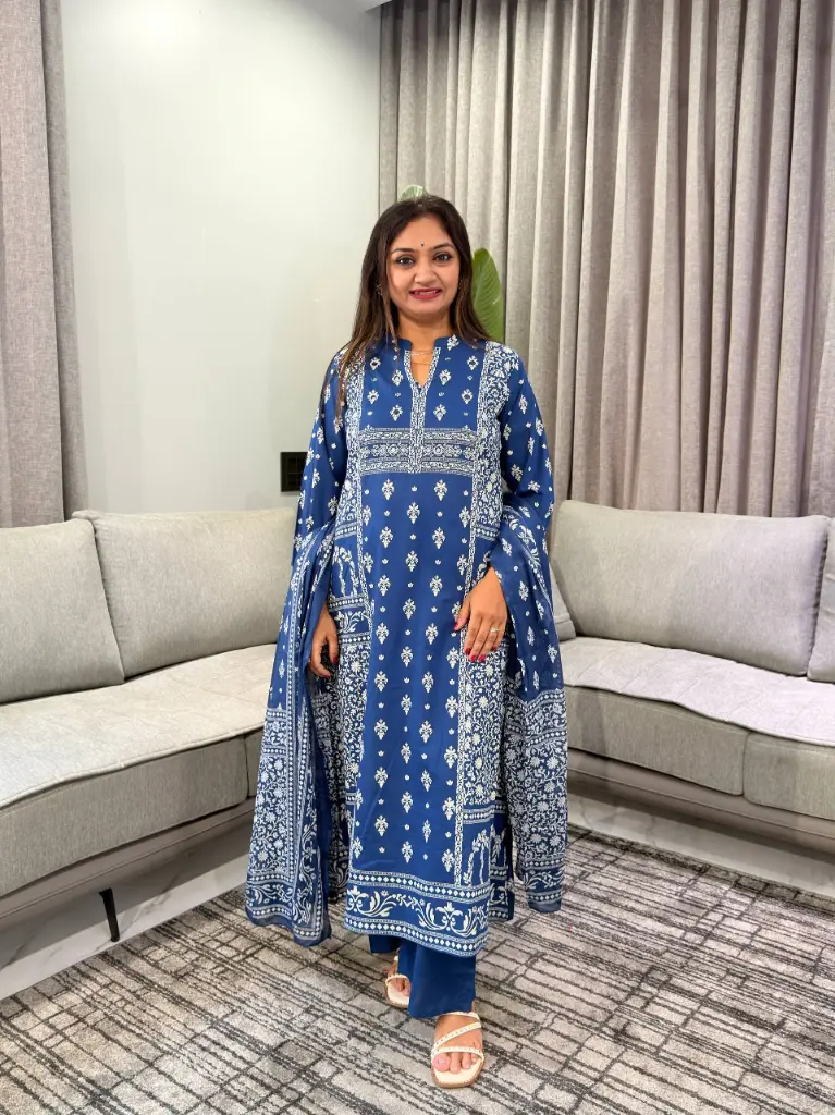 Royal Blue Printed Pure Cotton 3-Piece Kurta Set