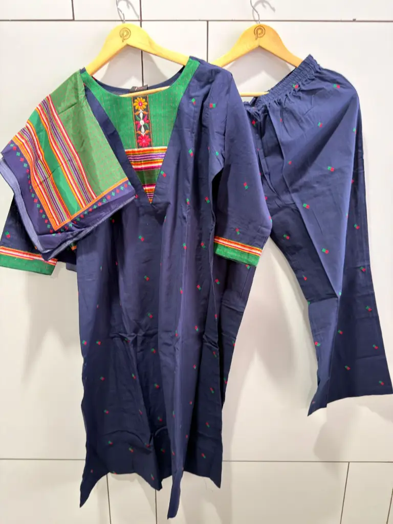 Navy Blue Handloom Cotton Woven 3-Piece Kurta Set