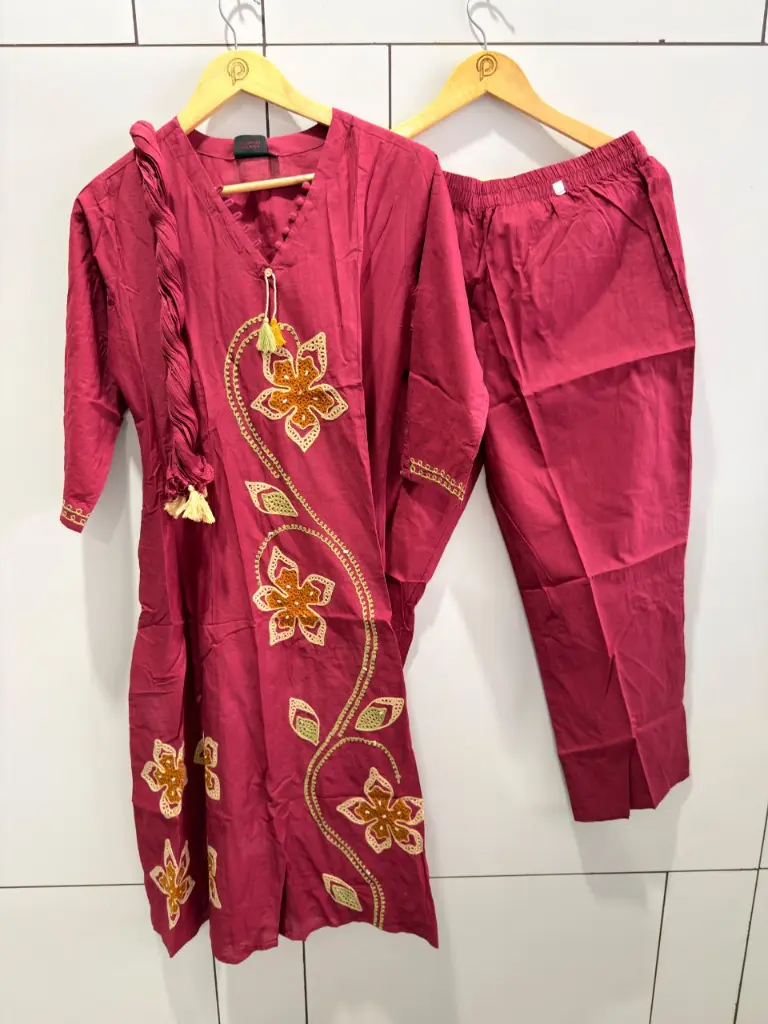 Magenta Pink Wool Work Pure Cotton 3-Piece Kurta Set
