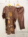 Brown Floral Wool work Pure Cotton 3-Piece Kurta Set