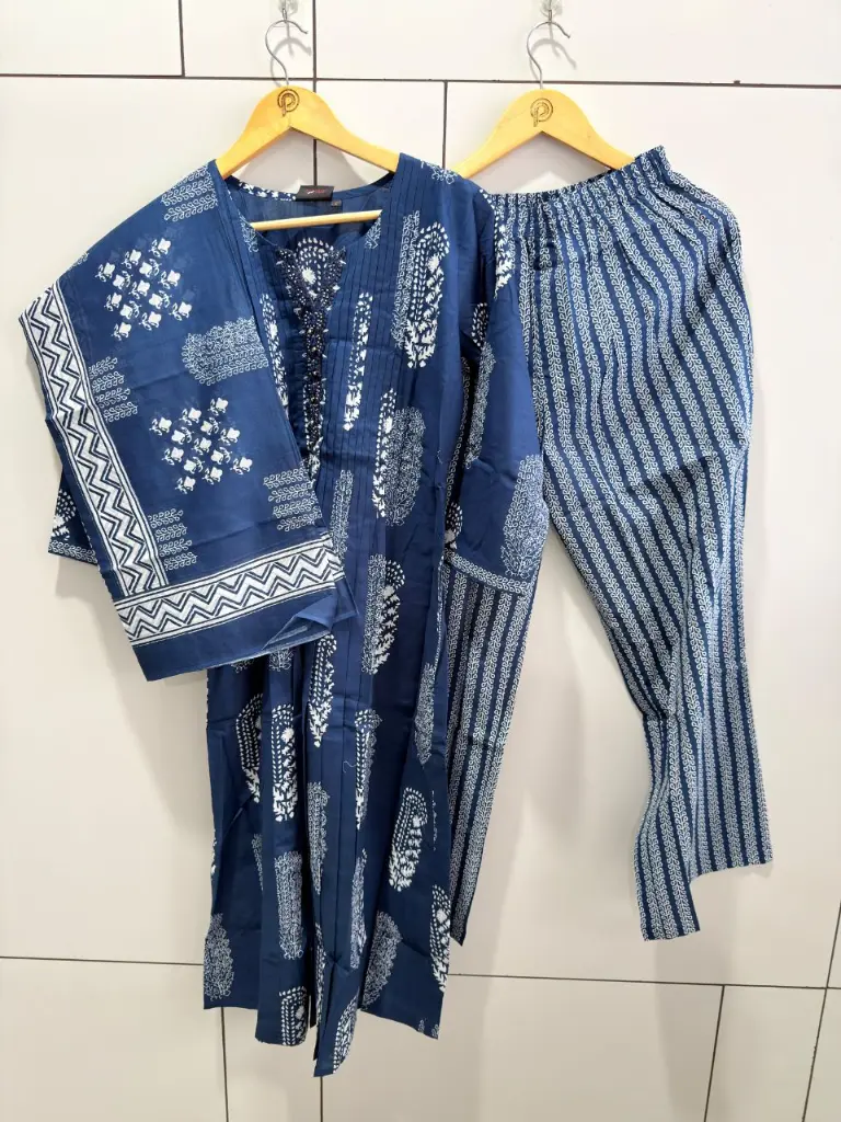 Royal Blue Block Print Pure Cotton 3-Piece Kurta Set