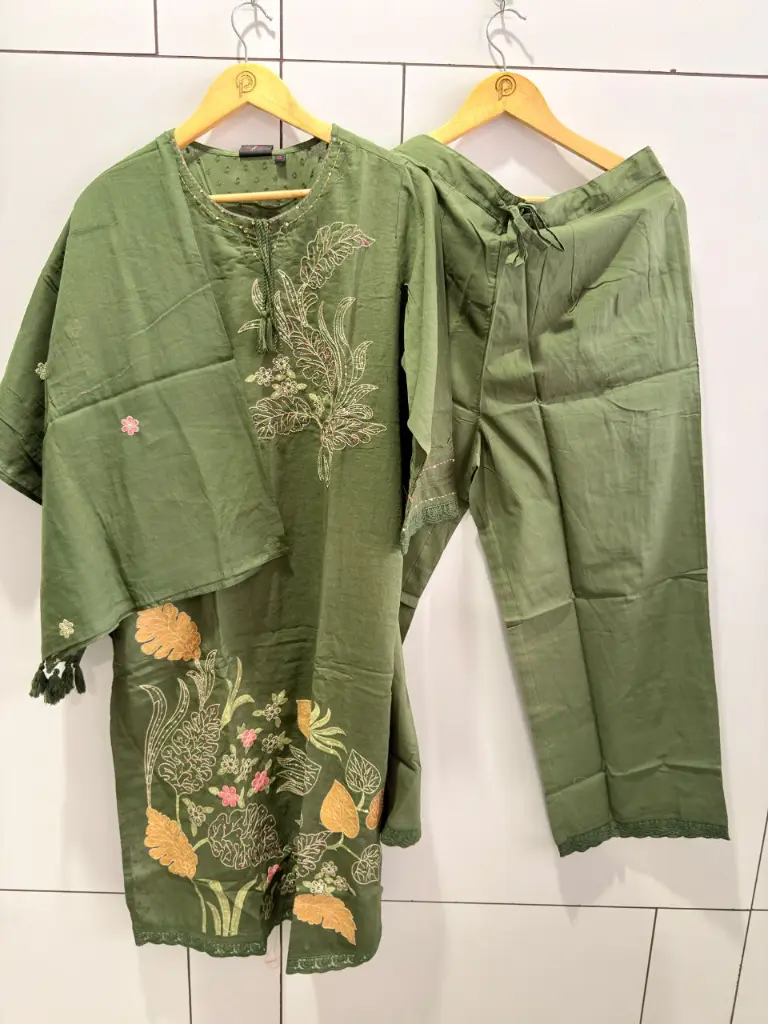 Olive Green Floral Embroidery Pure Cotton 3-Piece Kurta Set