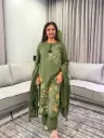 Olive Green Floral Embroidery Pure Cotton 3-Piece Kurta Set