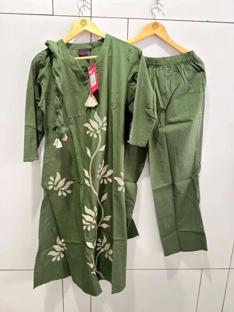 Olive Green Thread Embroidery Pure Cotton Suit Set