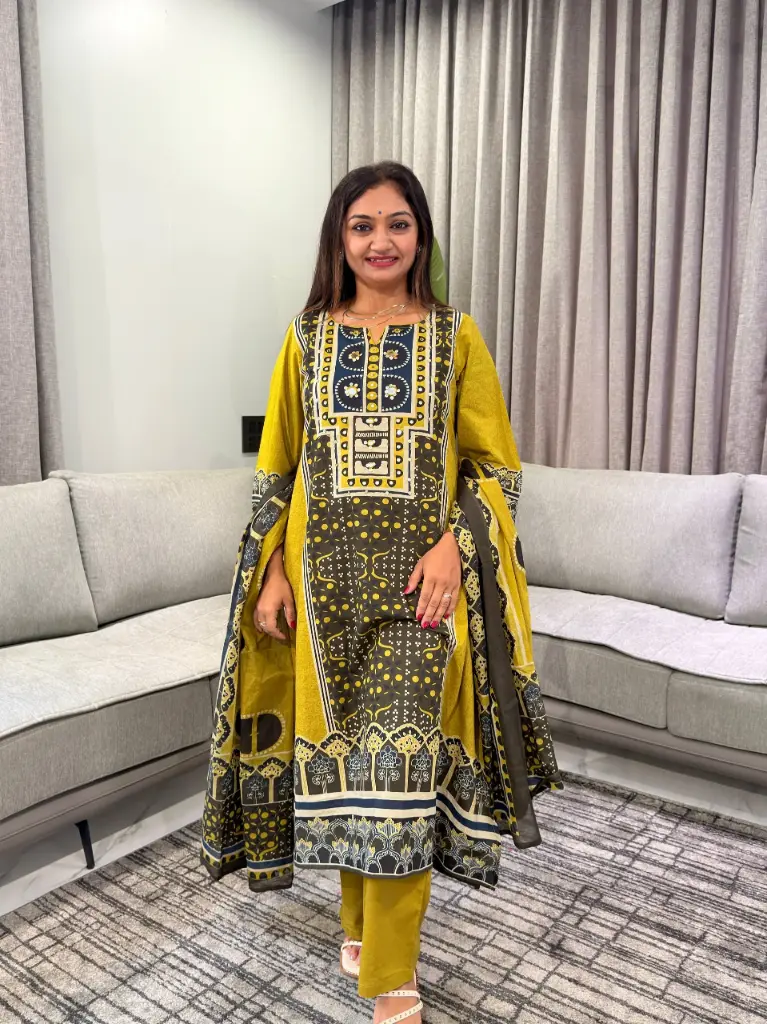 Mustard Yellow Printed Pure Cotton 3-Piece Kurta Set