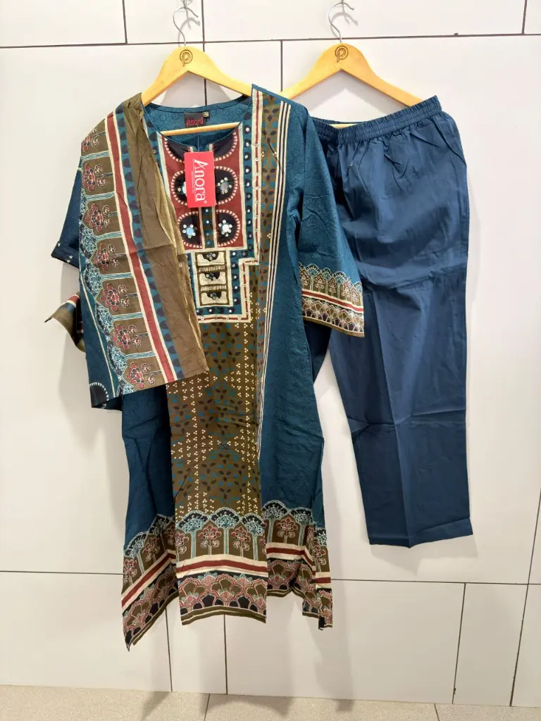 Teal Blue & Olive Printed Pure Cotton 3-Piece Kurta Set