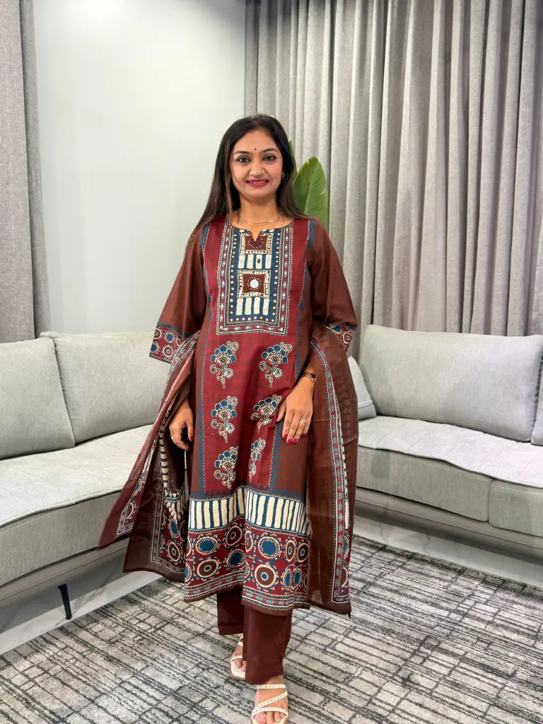Brown & Maroon Ethnic Print Pure Cotton 3-Piece Kurta Set