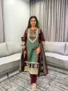 Maroon & Green Ethnic Print Pure Cotton 3-Piece Kurta Set
