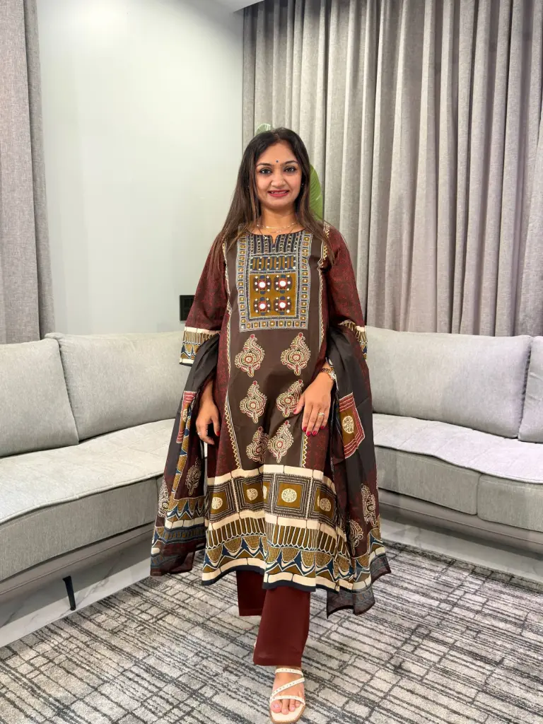 Maroon & Brown Ethnic Print Pure Cotton 3-Piece Kurta Set