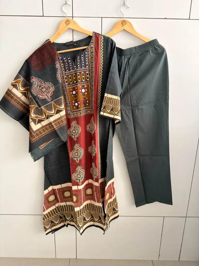 Charcoal Grey & Maroon Ethnic Print Pure Cotton 3-Piece Kurta Set