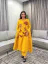 Mustard Yellow Floral Appliqué Pure Silky Cotton 3-Piece Kurta Set