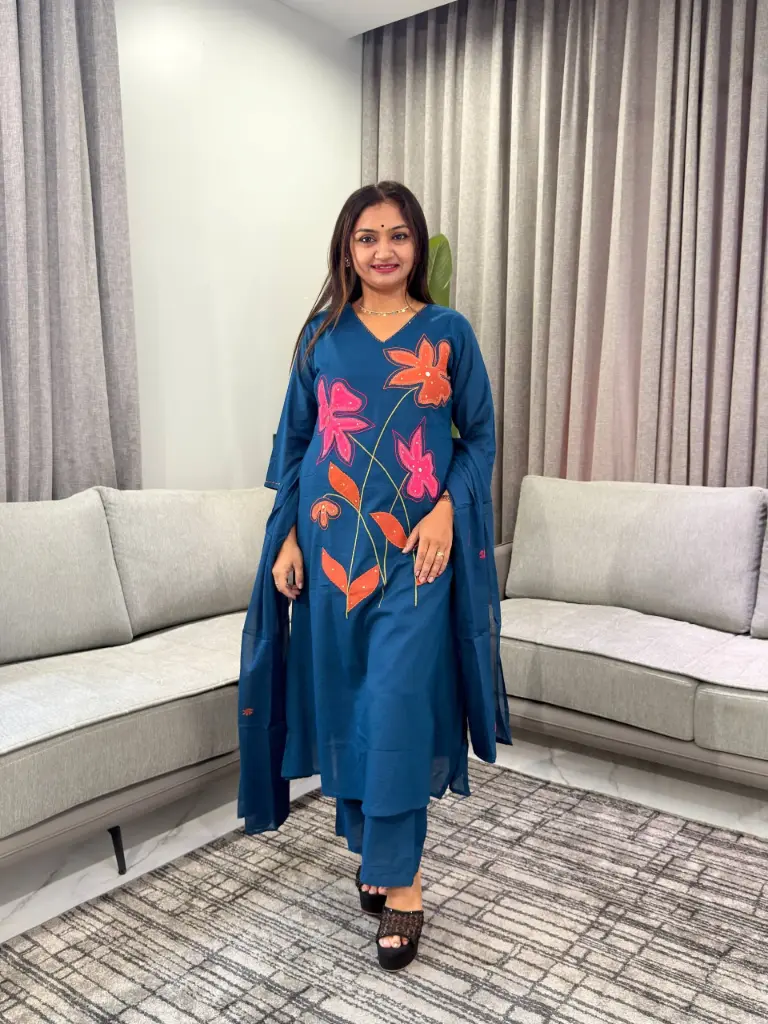 Teal Blue Floral Appliqué Pure Silky Cotton 3-Piece Kurta Set