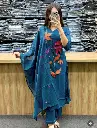 Teal Blue Floral Appliqué Pure Silky Cotton 3-Piece Kurta Set
