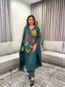Teal Green Floral Embroidery Pure Sily Cotton 3-Piece Kurta Set