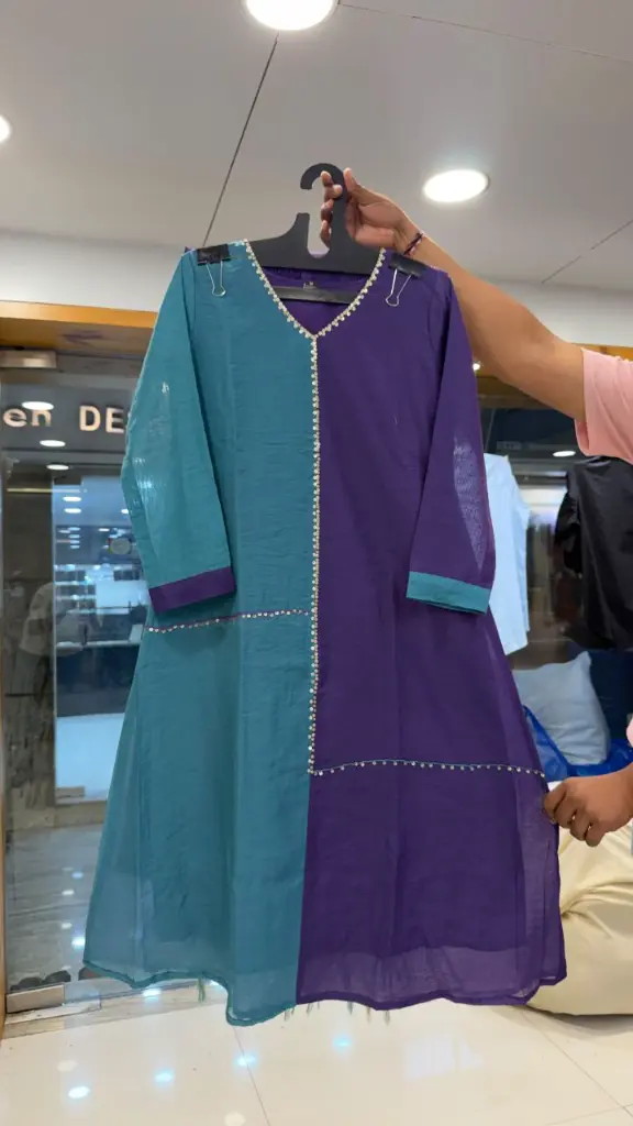 Teal Blue & Royal Purple Color-Block Pure Mull Chanderi 3-Piece Kurta Set