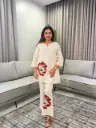 Off-White Floral Applique Pure Mull Cotton Co-Ord Set