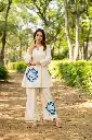 Off-White Blue Floral Applique Pure Mull Cotton Co-Ord Set