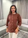 Brown Embroidered Pure Mull Cotton Top