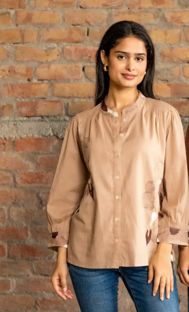 Beige Embroidered Pure Mull Cotton Top