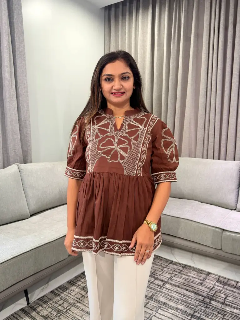 Brown Embroidered Pure Mull Cotton Peplum Top