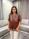 Brown Embroidered Pure Mull Cotton Peplum Top