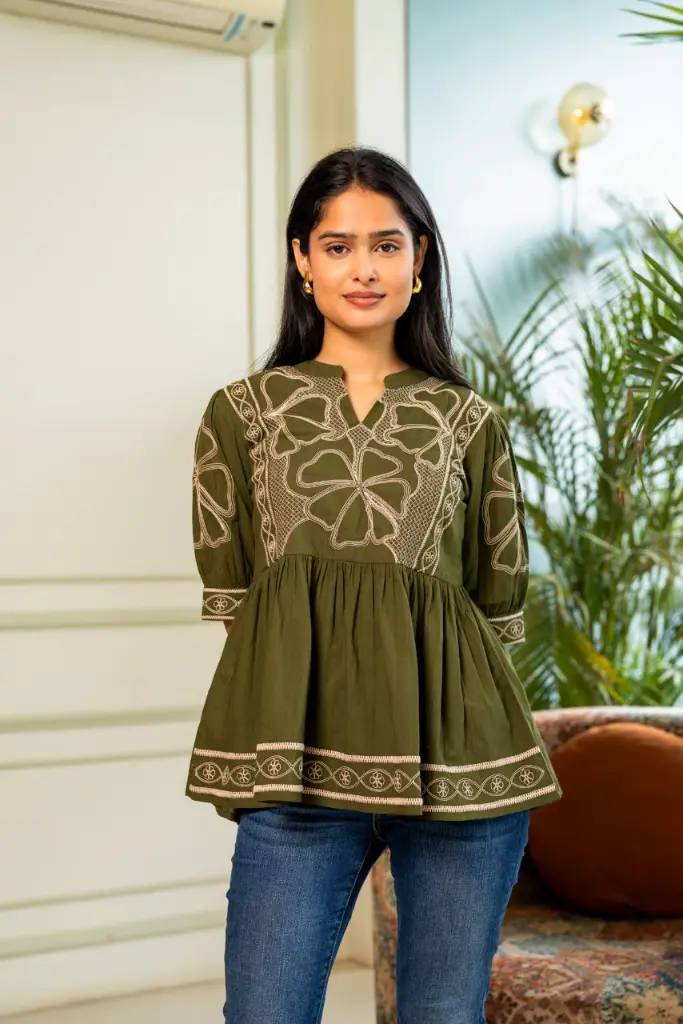 Olive Green Embroidered Pure Mull Cotton Peplum Top