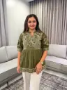 Olive Green Embroidered Pure Mull Cotton Peplum Top