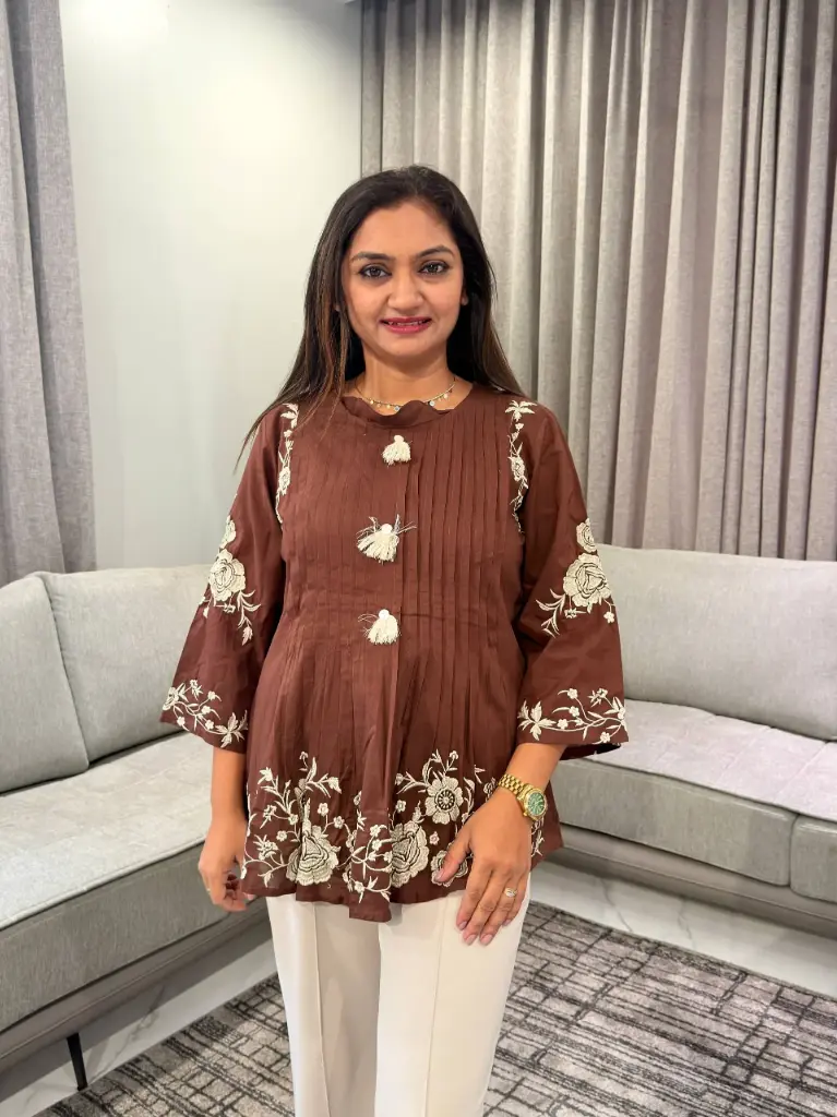 Chocolate Brown Floral Embroidered Pure Mull Cotton Top