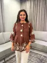 Chocolate Brown Floral Embroidered Pure Mull Cotton Top