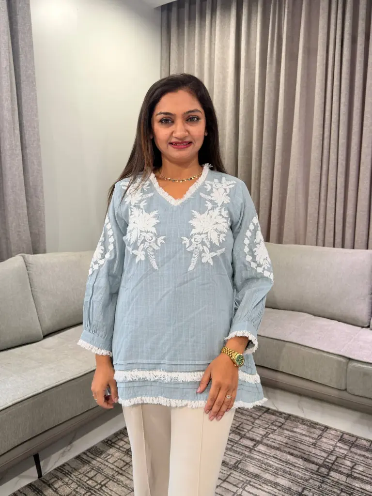 Sky Blue Floral Embroidered Pure Mull Cotton Top
