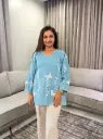 Sky Blue Floral Embroidered Pure Mull Cotton Top