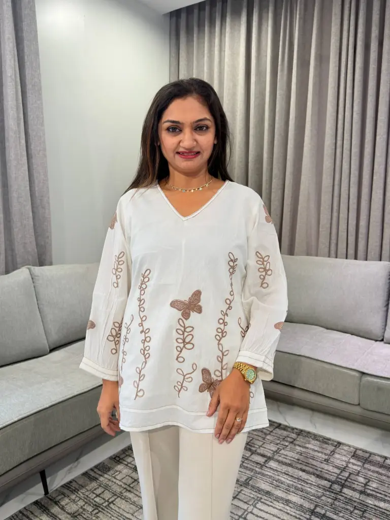 Ivory White Butterfly & Vine Embroidered Pure Mull Cotton Top