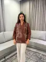 Chocolate Brown Abstract Embroidered Pure Mull Cotton Top