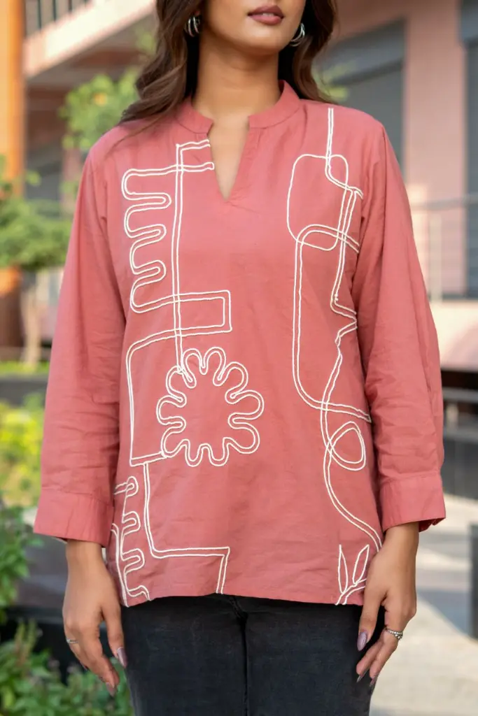 Dusty Rose Abstract Embroidered Pure Mull Cotton Top
