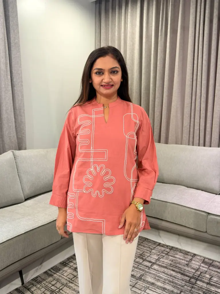 Dusty Rose Abstract Embroidered Pure Mull Cotton Top