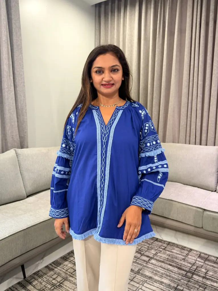 Royal Blue Embroidered Pure Mull Cotton Tassel Top