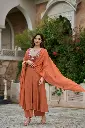 Rust Orange Floral Embroidered Pure Mull Crush 3-Piece Kurta Set